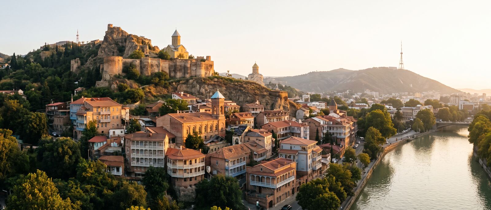 Tbilisi old town and Narikala fortress at golden hour
