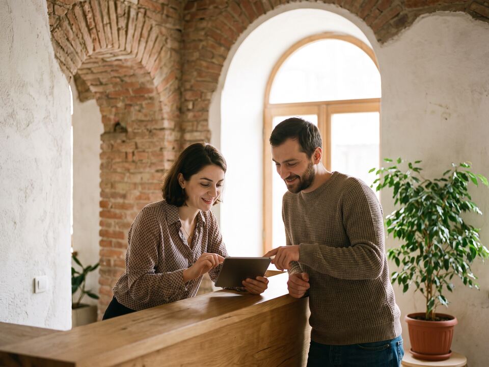 Two clinic staff members reviewing the day's schedule on a tablet